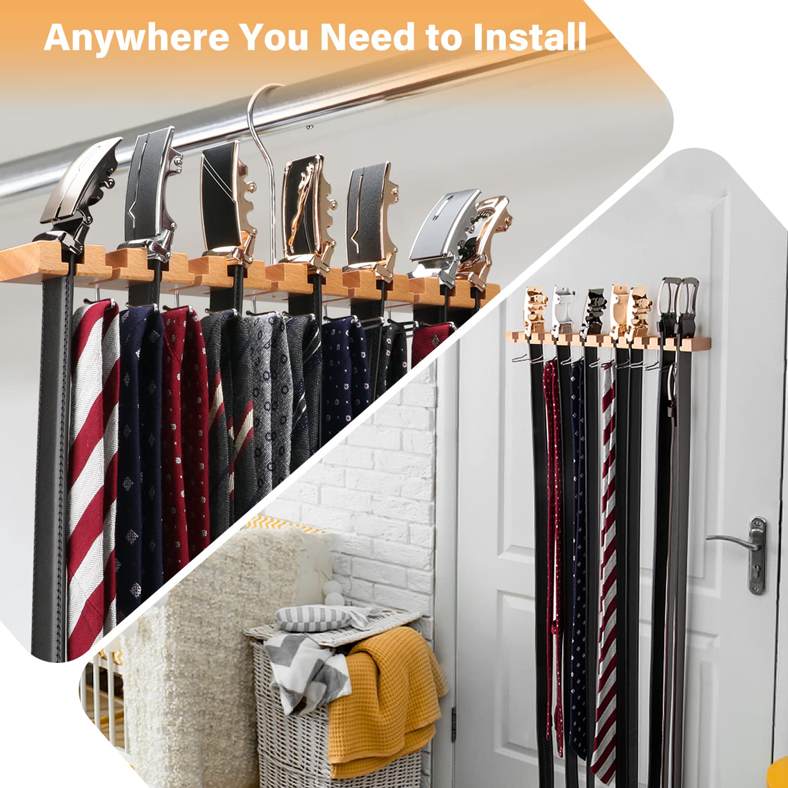 Wooden Tie Rack Tie Hanger 23 Storage, Belt Hanger for Closet 2 in 1 Wooden Wall Mount 12 Belts Rack + 11 Ties Organizer, Belt Rack w/ 360° Swivel Hook, Tie and Belt Organizer Display Presentfor Men