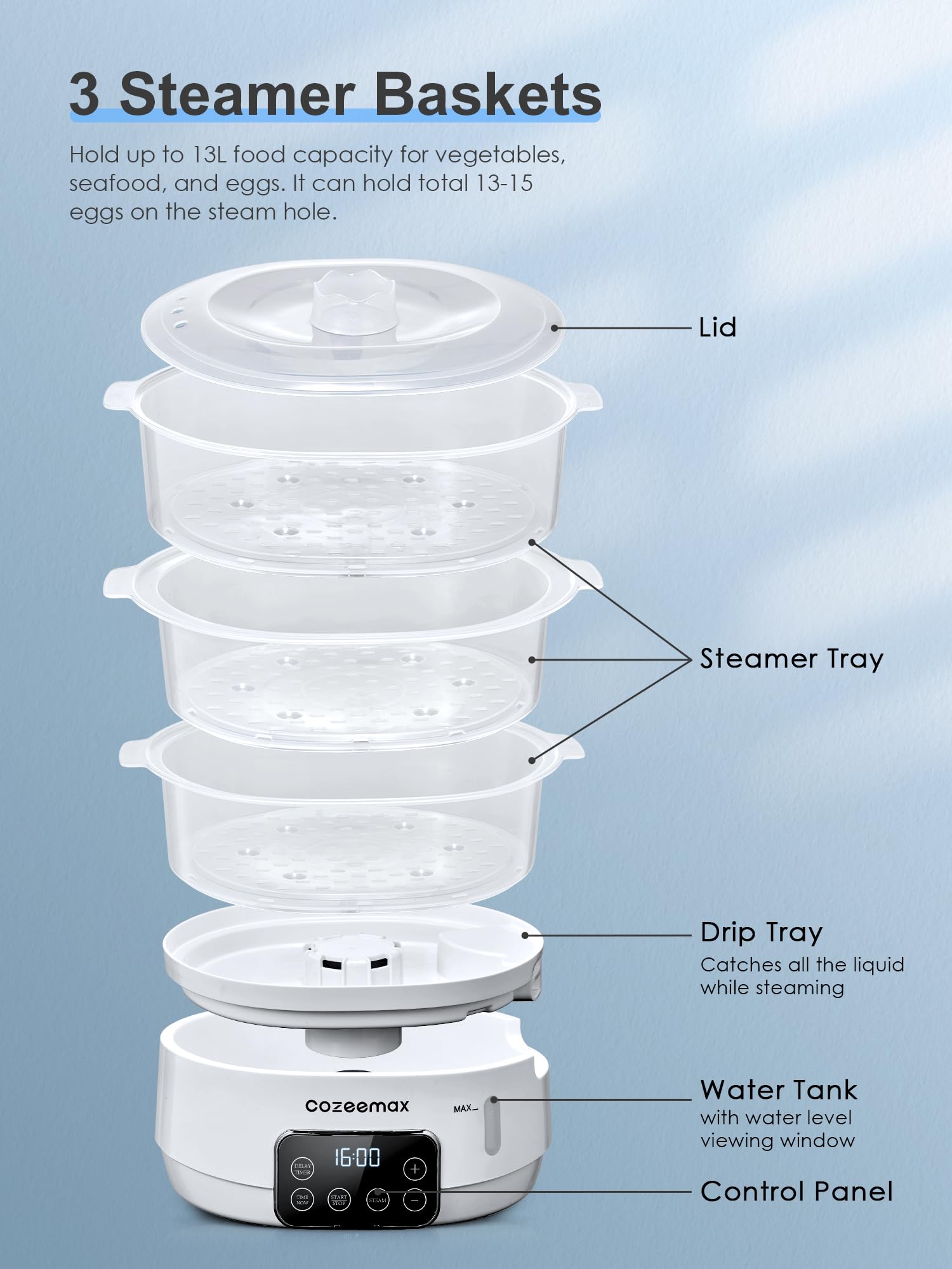 Cozeemax Electric Food Steamer for Cooking, 13.7QT Digital Vegetable Steamer 800W with 3 Tiers BPA Free Dishwasher Safe Lids and Stackable Baskets, Auto Shut-off, Boil Dry Protection (White)