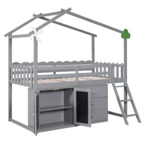 CITYLIGHT Twin Size House Loft Bed with Storage Cabinet and 3 Drawers, Wood Loft Bed Twin with Roof, Blackboards and Guardrail, Kids Playhouse Bed Twin for Teens, Boys, Girls, Grey