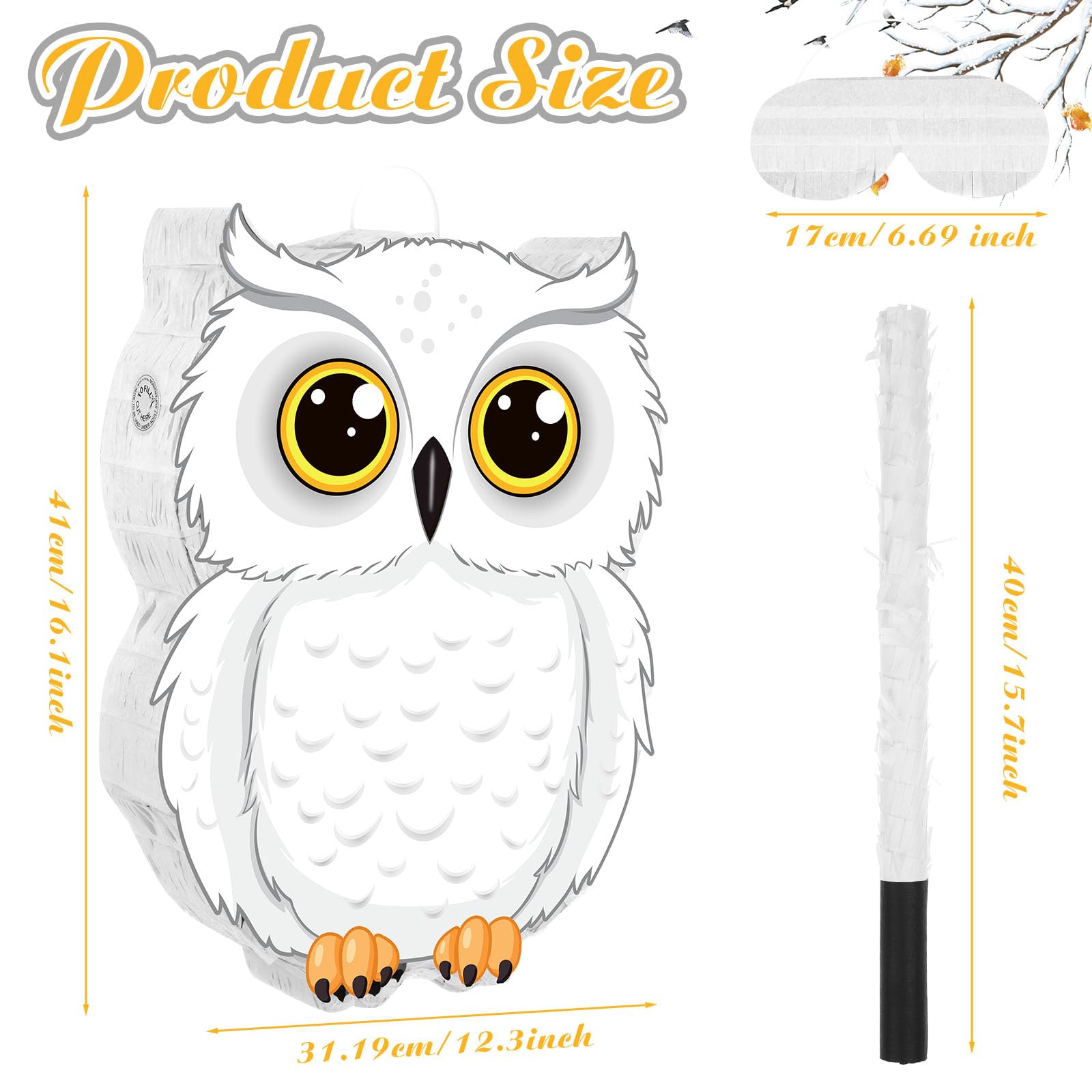 Aoriher Owl Piñata with Piñatas Stick Blindfold Confetti 3D White Snowy Owl Piñatas set for Woodland Forest Wizard Animal Owl Party Shower Game Birthday Party Decorations Supplies