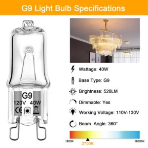 G9 Bulb, 12 Pack G9 Halogen Bulb 40 Watt 120V T4 JCD Type, Dimmable with Long Lasting Lifespan, G9 Halogen Light Bulbs 2 Pin for Chandeliers, Cabinet Lights, Range Hood Lights, 2700K Warm White