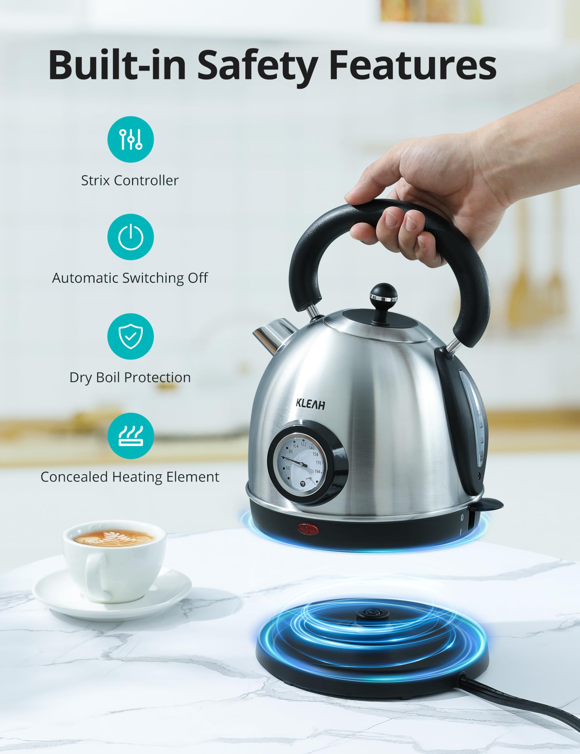 Retro Electric Water Kettle 1.8L Stainless Steel for Boiling Water with Temperature Gauge, Visible Water Level Line, Led Light, Auto Shut-Off & Boil-Dry Protection, 1500W Fast Heating