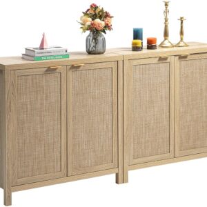 SICOTAS Credenza Sideboard Buffet Rattan Cabinet - Boho Large Kitchen Storage Cabinet with Rattan Storage - Wood Cabinet Buffet Console Table for Dining Room Hallway - 2 Pieces (Natural)