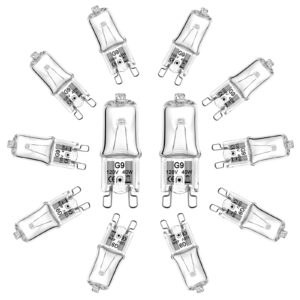 g9 bulb, 12 pack g9 halogen bulb 40 watt 120v t4 jcd type, dimmable with long lasting lifespan, g9 halogen light bulbs 2 pin for chandeliers, cabinet lights, range hood lights, 2700k warm white