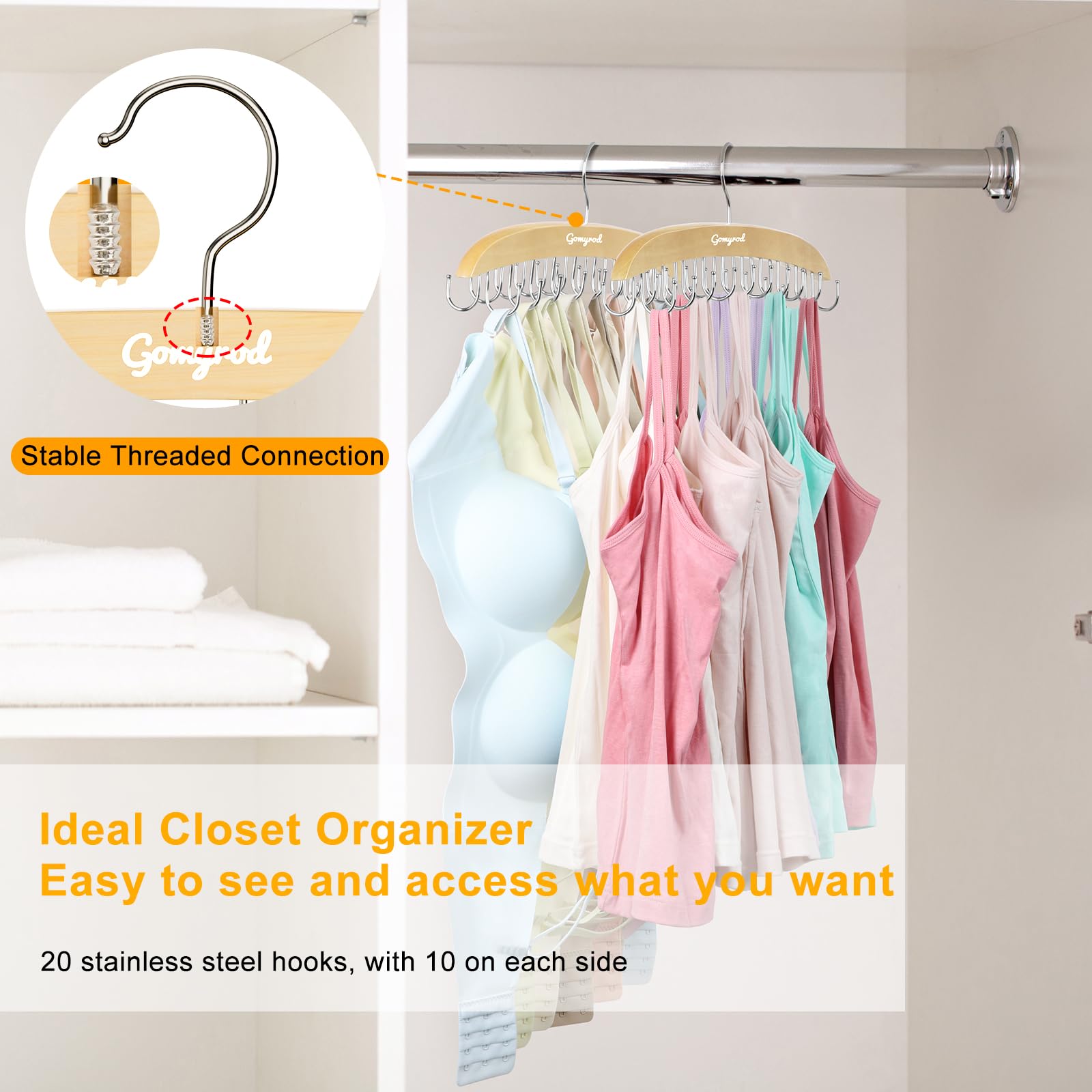 Bra Hanger for Closet, 2 Pack w/20 Hooks Tank Top Hanger Space Saving Holds 40 Bras, Premium Wooden Metals Hook Foldable Tank Top Organizer, 360°Rotating Closet Organizers and Storage for Dorm