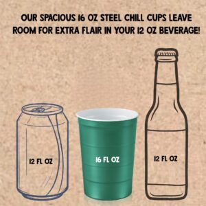 Steel Chill Cups 16 oz. Party Cups, Perfect for Cold Drinks, Sturdy & Durable, Disposable and 100% Recyclable, Made in USA, Green, 12 Count