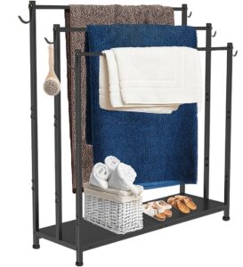 anbaimei extra large free standing towel rack with metal storage shelf & 6 hooks for bathroom, 3 tiers heavy duty blanket drying stand holder for outdoor pool, bedroom, living room, black