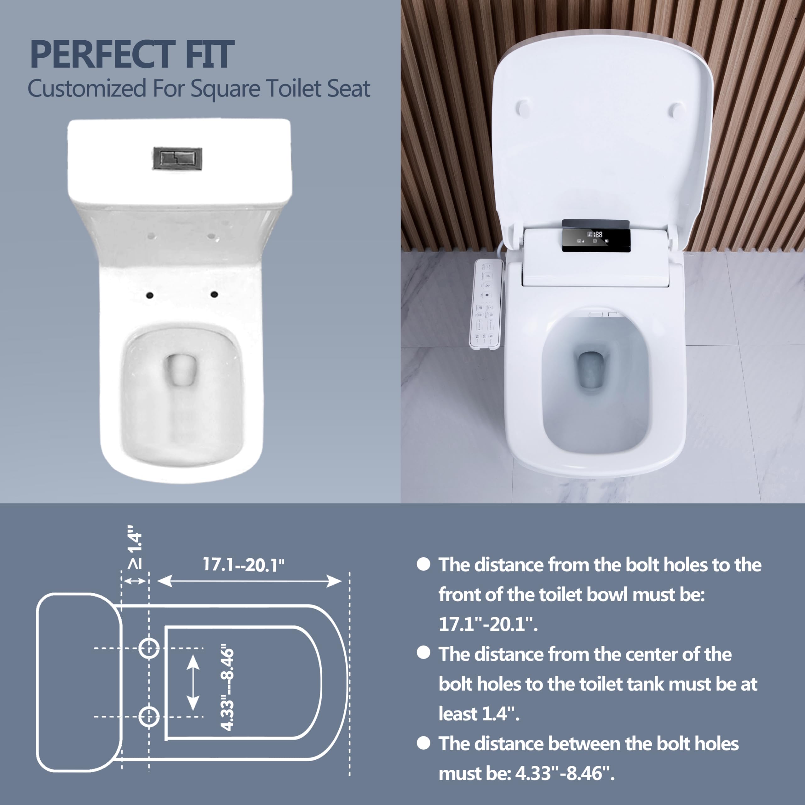 WLJBIDET Smart Bidet Square Toilet Seat for Rectangle Toilets,Electric Bidet Toilet Seat,Rectangular Heated Toilet Seat with Bidet,Adjustable Air Dryer and Warm Water,Front and Rear Oscillating Wash