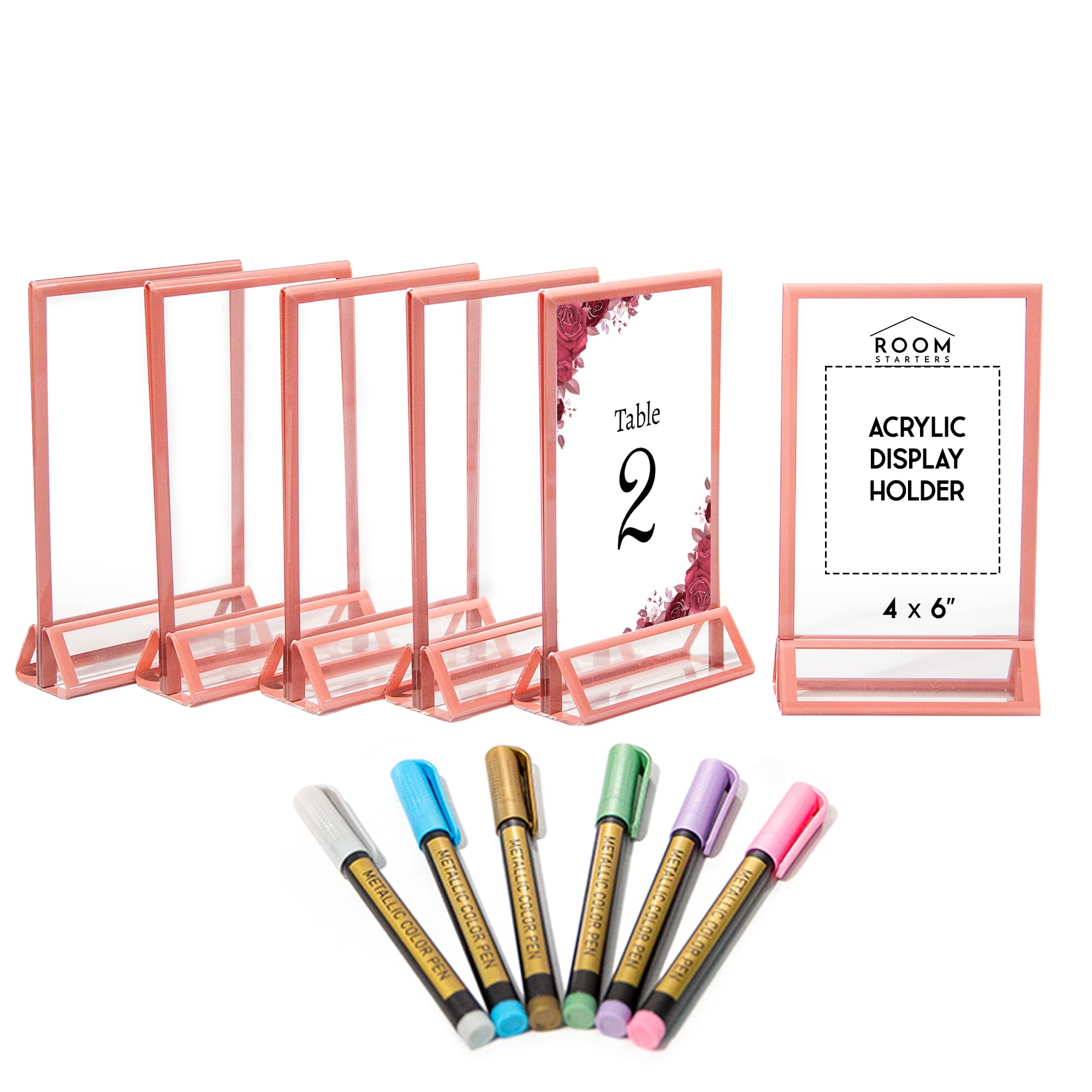 ROOM STARTERS Rose Gold 4x6 Acrylic Sign Holders (6-Pack) for Weddings & Events - Acrylic Table Number Holder, Photo Frames for Wedding Reception Table Menu Holder