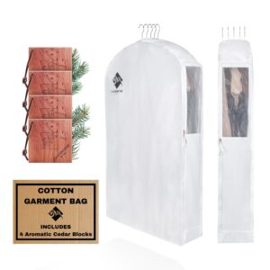 premium 40” short cotton garment bag for hanging clothes and storage | wide 6” gusset & 4 cedar blocks for fresh smell and moth protection | best for suits, fur coats, leather jackets, sweaters.