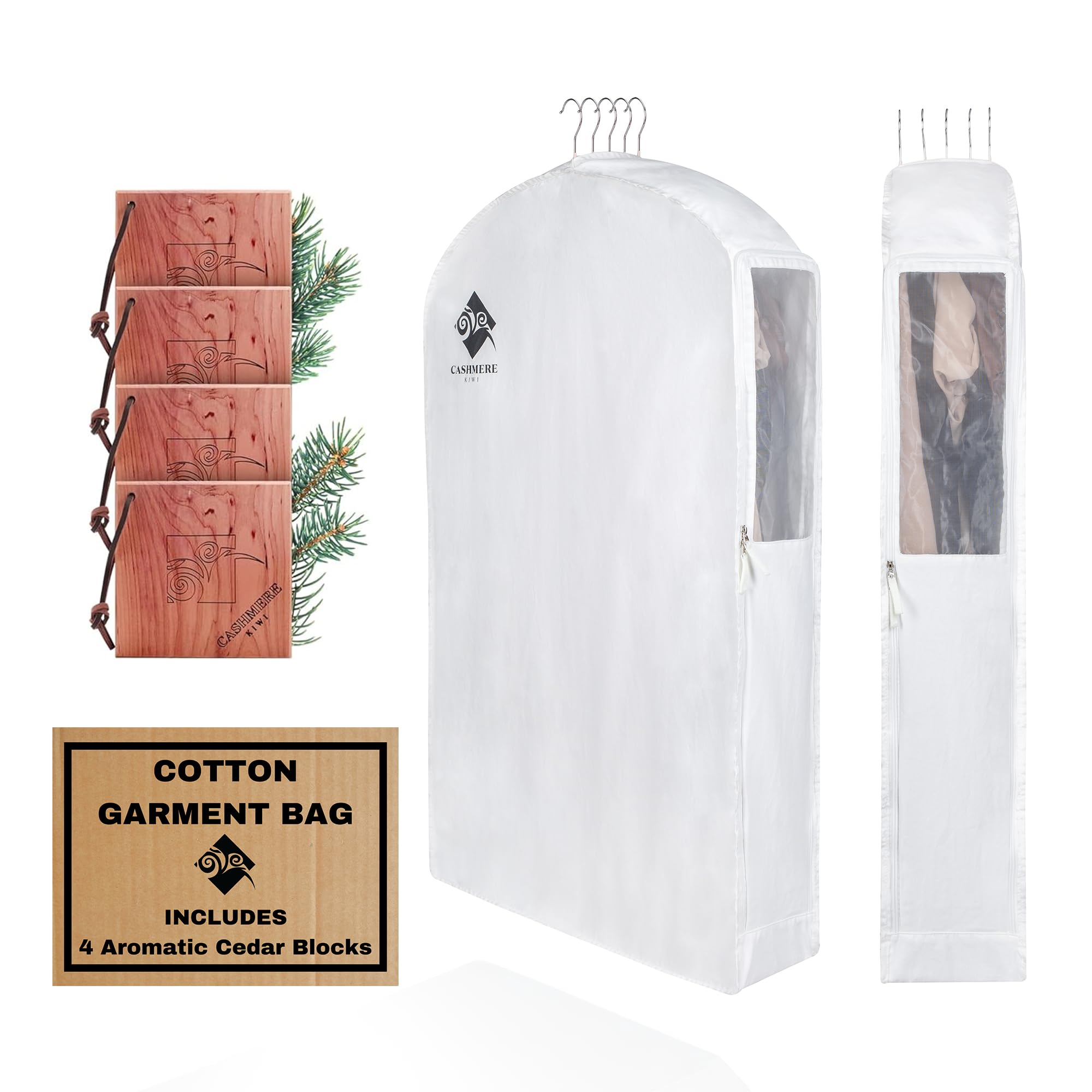 Premium 40” Short Cotton Garment Bag For Hanging Clothes And Storage | Wide 6” Gusset & 4 Cedar Blocks For Fresh Smell And Moth Protection | Best For Suits, Fur Coats, Leather Jackets, Sweaters.