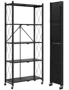 alanng 70.7" h metal storage shelves, 5 tier folding storage shelves on wheels, heavy duty collapsible shelving unit, no assembly storage rack for kitchen, basement, pantry (black,1 pack)