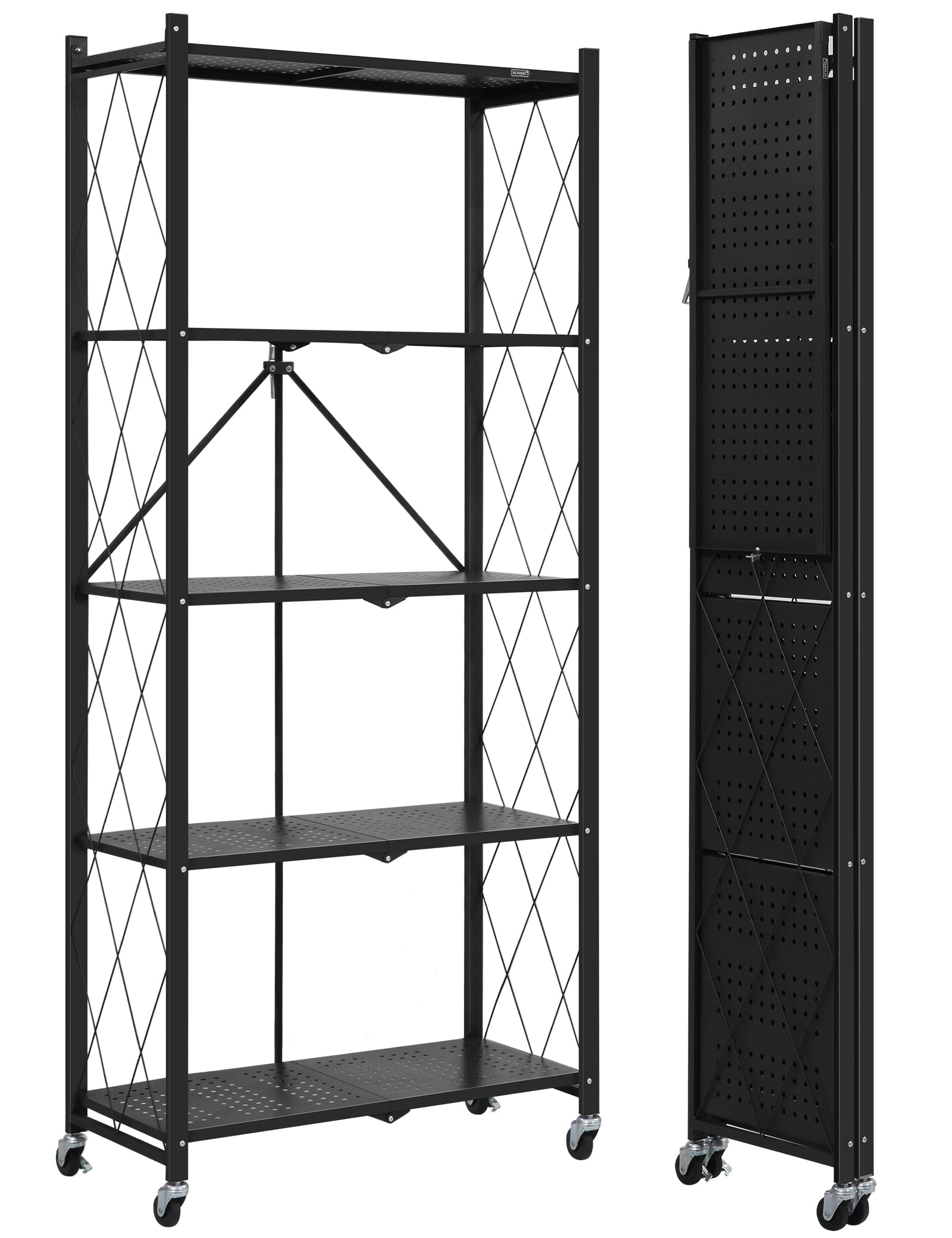 ALANNG 70.7" H Metal Storage Shelves, 5 Tier Folding Storage Shelves on Wheels, Heavy Duty Collapsible Shelving Unit, No Assembly Storage Rack for Kitchen, Basement, Pantry (Black,1 Pack)