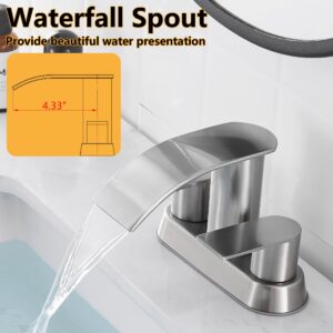 Waterfall Bathroom Sink Faucet 4 Inch Brushed Nickel Faucet Bathroom with Pop Up Drain 2 or 3 Holes Bathroom Basin Lavatory Mixer Tap with Deck Mount Plate