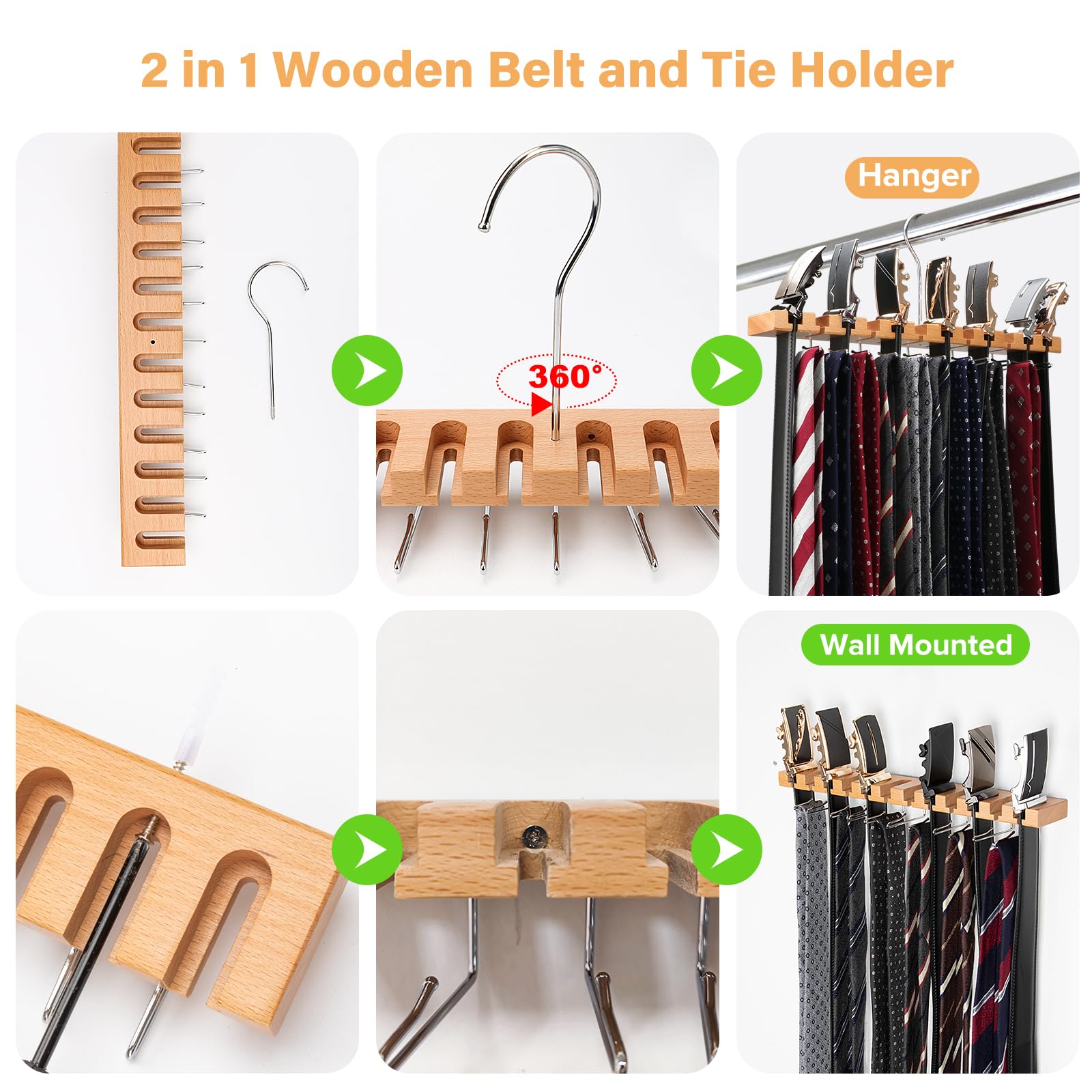 Wooden Tie Rack Tie Hanger 23 Storage, Belt Hanger for Closet 2 in 1 Wooden Wall Mount 12 Belts Rack + 11 Ties Organizer, Belt Rack w/ 360° Swivel Hook, Tie and Belt Organizer Display Presentfor Men