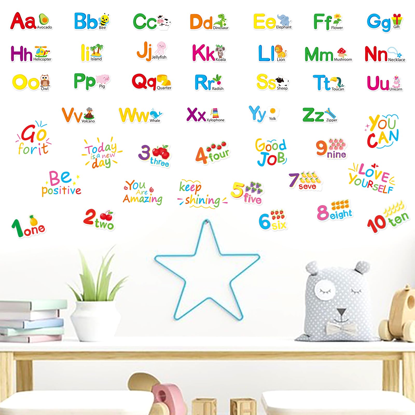 Alphabet Wall Decals for Kids Room ABC Letter Classroom Educational Learning Stickers for Kids Animal Number Wall Decor Peel and Stick Wall Stickers Decals for Bedroom Playroom Wall Decals 12 Sheets