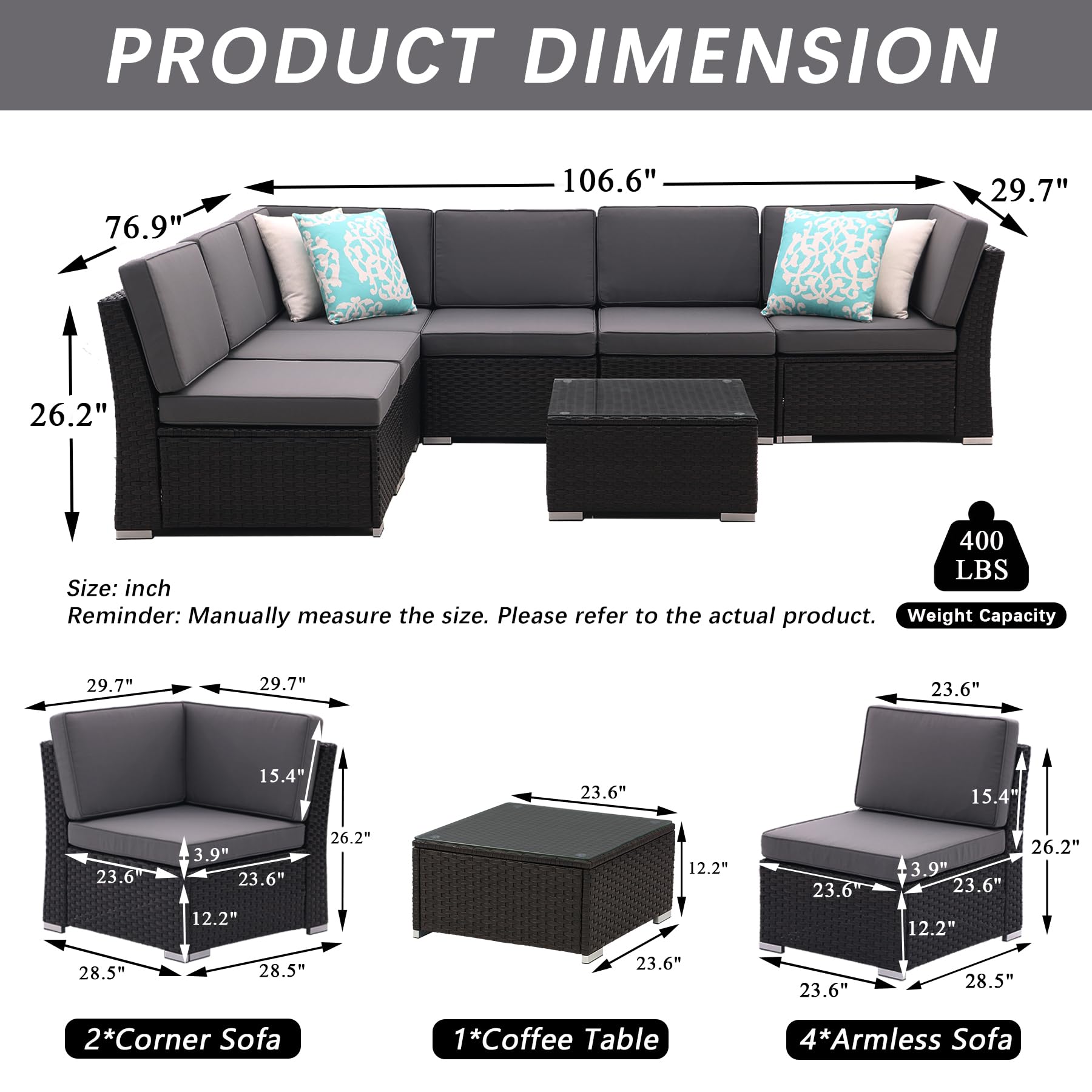 iArtHand Patio Sofa Set with Coffee Table Outdoor Sectional Set Patio Conversation Set Patio Furniture Sets All Weather PE Rattan with Thickened Cushion, Manual Weaving