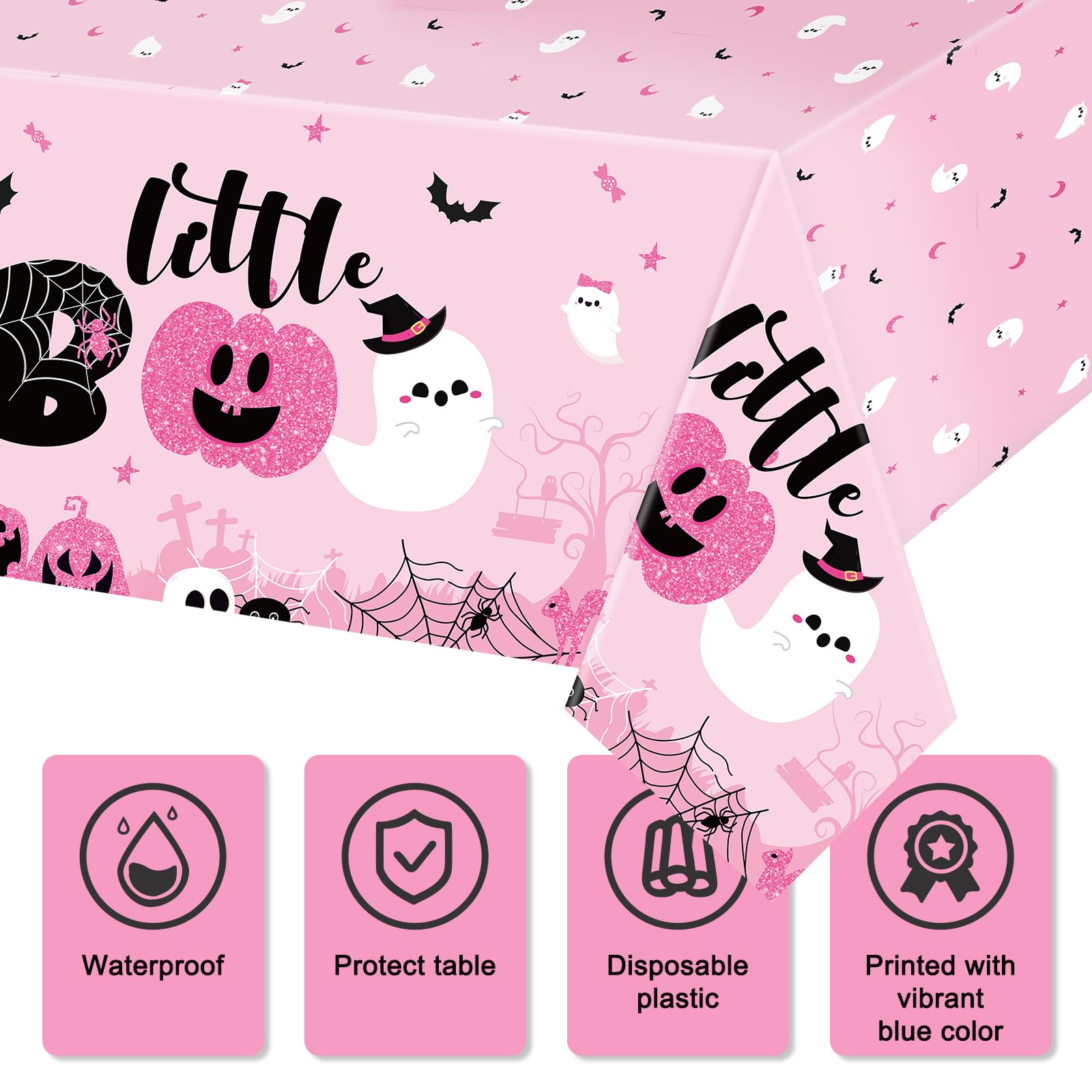 Sliner 3 Pack Halloween Tablecloths Pink Halloween Party Decorations Girl Little Boo Table Covers 108 x 54 Inch Pumpkins Ghost Plastic Table Cloths for Halloween Dinner Baby Shower Party Supplies