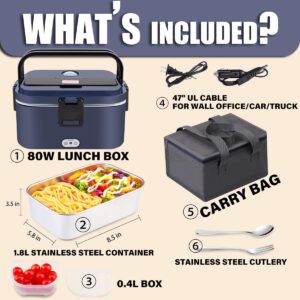 Nifogo Electric Lunch Box for Adults 80W 1.8L, Faster Heated Lunch Boxes for Men, Electric Lunch Box Food Heater Portable 12/24/110V Heating Lunch Box for Work/Car/Truck with Bag