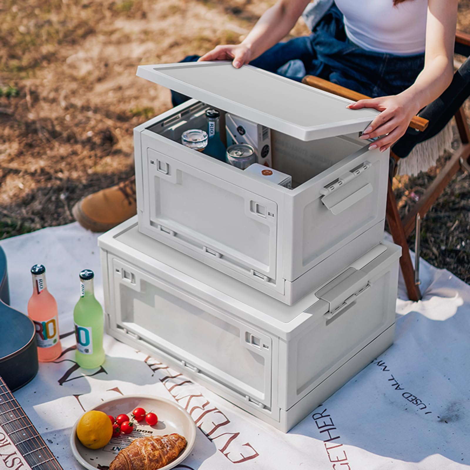 Dalanpa Foldable Storage Bin, Plastic Organizer Container, Heavy Duty Storage Box for Outdoor, Camping, Picnic, Indoor (30L, White-grey)