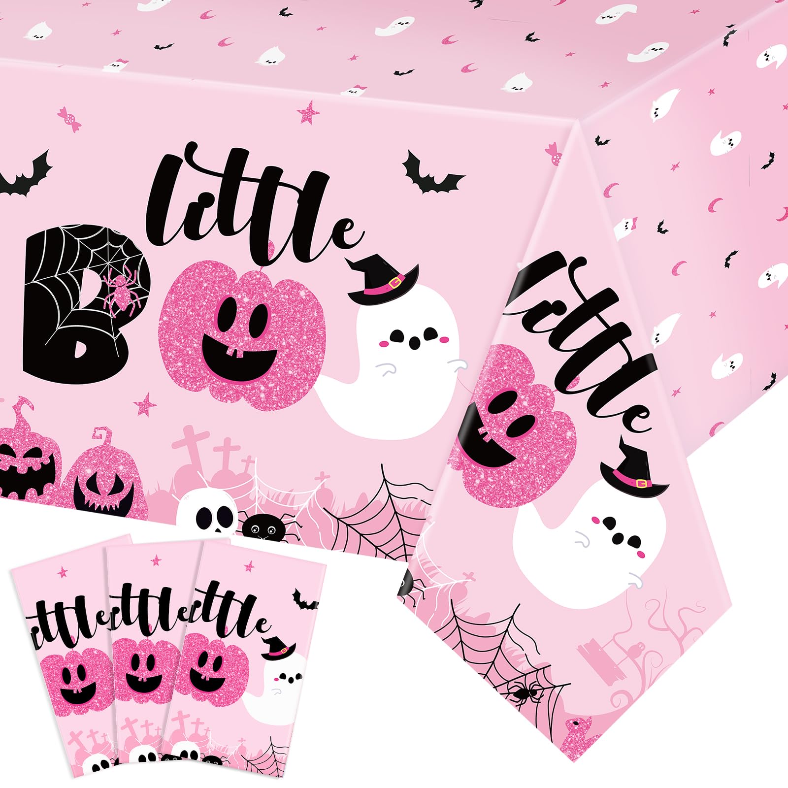 Sliner 3 Pack Halloween Tablecloths Pink Halloween Party Decorations Girl Little Boo Table Covers 108 x 54 Inch Pumpkins Ghost Plastic Table Cloths for Halloween Dinner Baby Shower Party Supplies