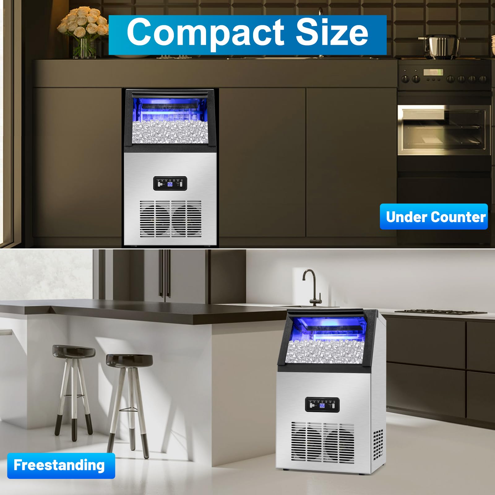 Commercial Ice Maker Machine 130Lbs/24H with 2 Water Inlet Modes, 36Pcs Ice Cubes in 8-15 Mins, Stainless Steel Under Counter/Freestanding Ice Machine with 28Lbs Storage Bin for Home/Shop/Office/Bar