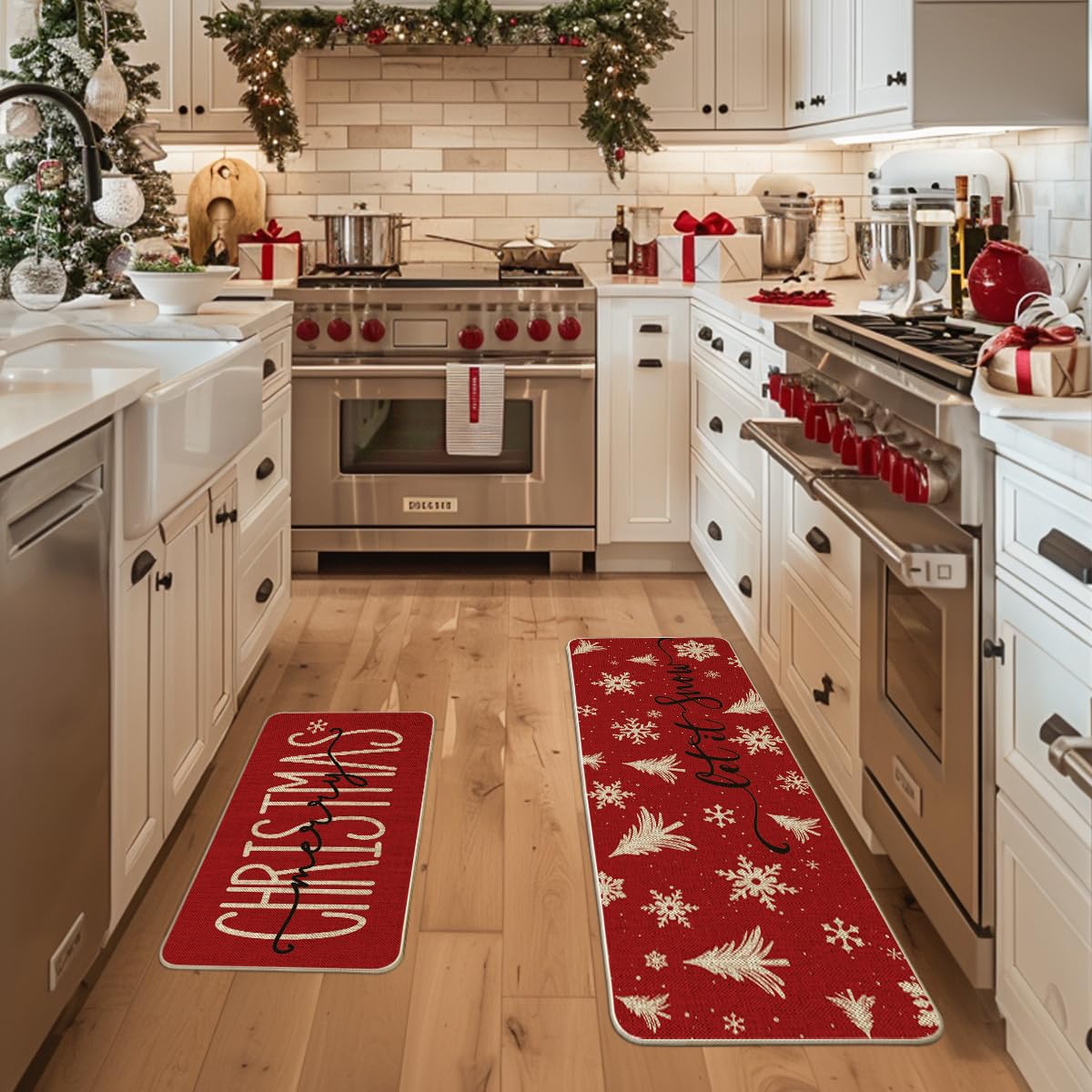 Artoid Mode Xmas Trees Snowflake Let It Snow Merry Christmas Kitchen Mats Set of 2, Winter Decor Low-Profile Kitchen Rugs - 17x29 and 17x47 Inch