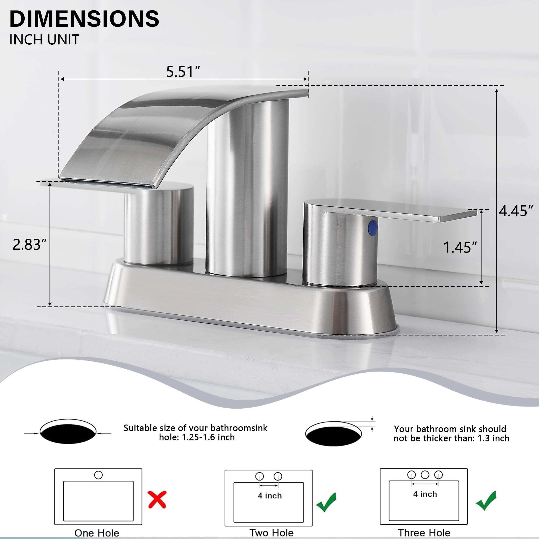 Waterfall Bathroom Sink Faucet 4 Inch Brushed Nickel Faucet Bathroom with Pop Up Drain 2 or 3 Holes Bathroom Basin Lavatory Mixer Tap with Deck Mount Plate