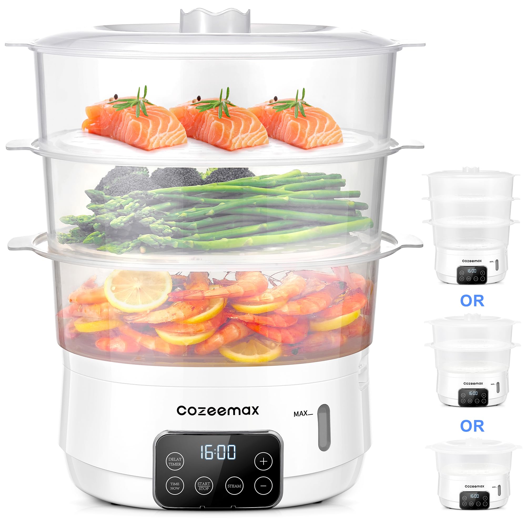 Cozeemax Electric Food Steamer for Cooking, 13.7QT Digital Vegetable Steamer 800W with 3 Tiers BPA Free Dishwasher Safe Lids and Stackable Baskets, Auto Shut-off, Boil Dry Protection (White)