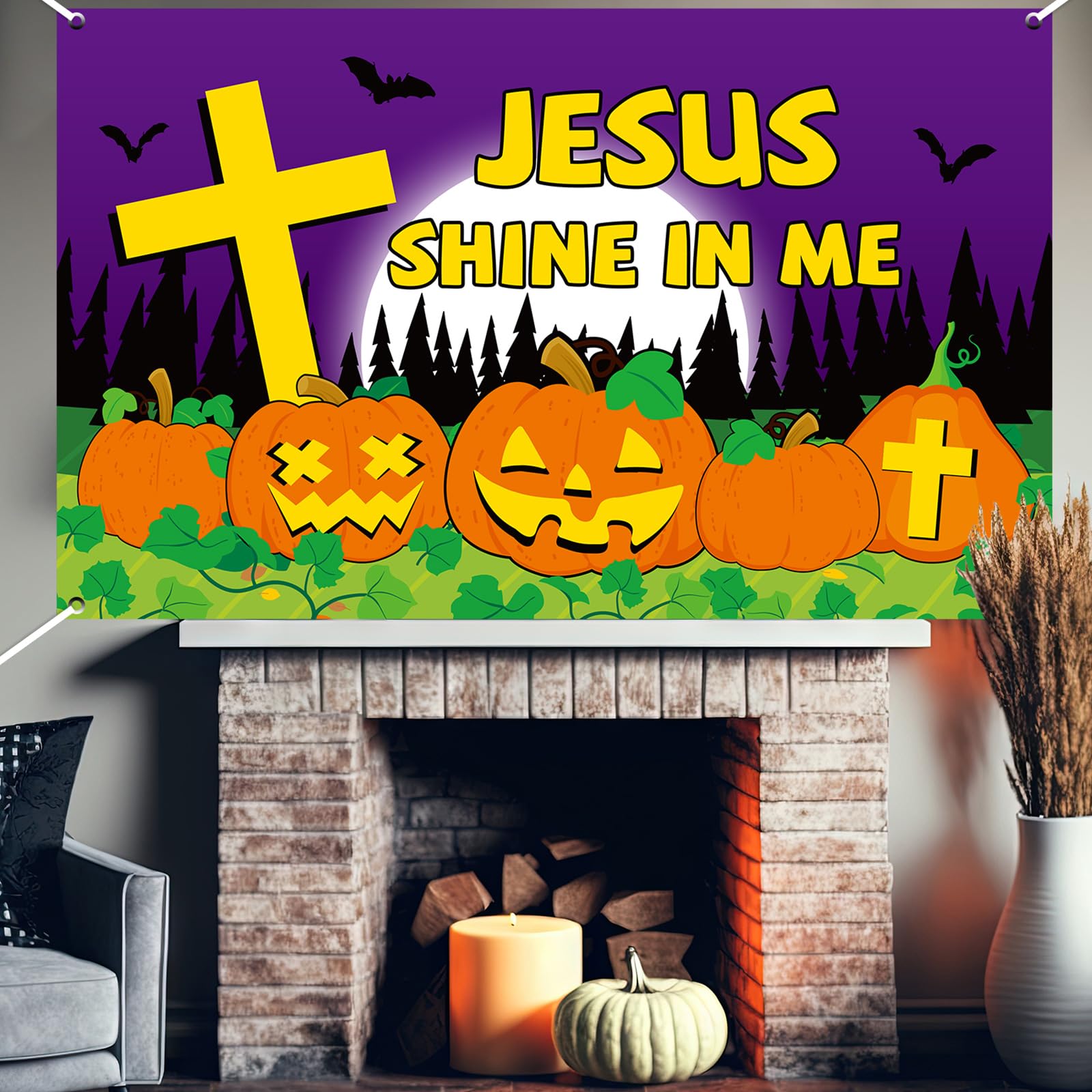 Halloween Christian Pumpkin Backdrop Banner Let Jesus Light Your Way Party Decor Halloween Jesus Pumpkin Background Wall Decor Halloween Religious Supplies for Kids Sunday School Decor 71 x 43 inch