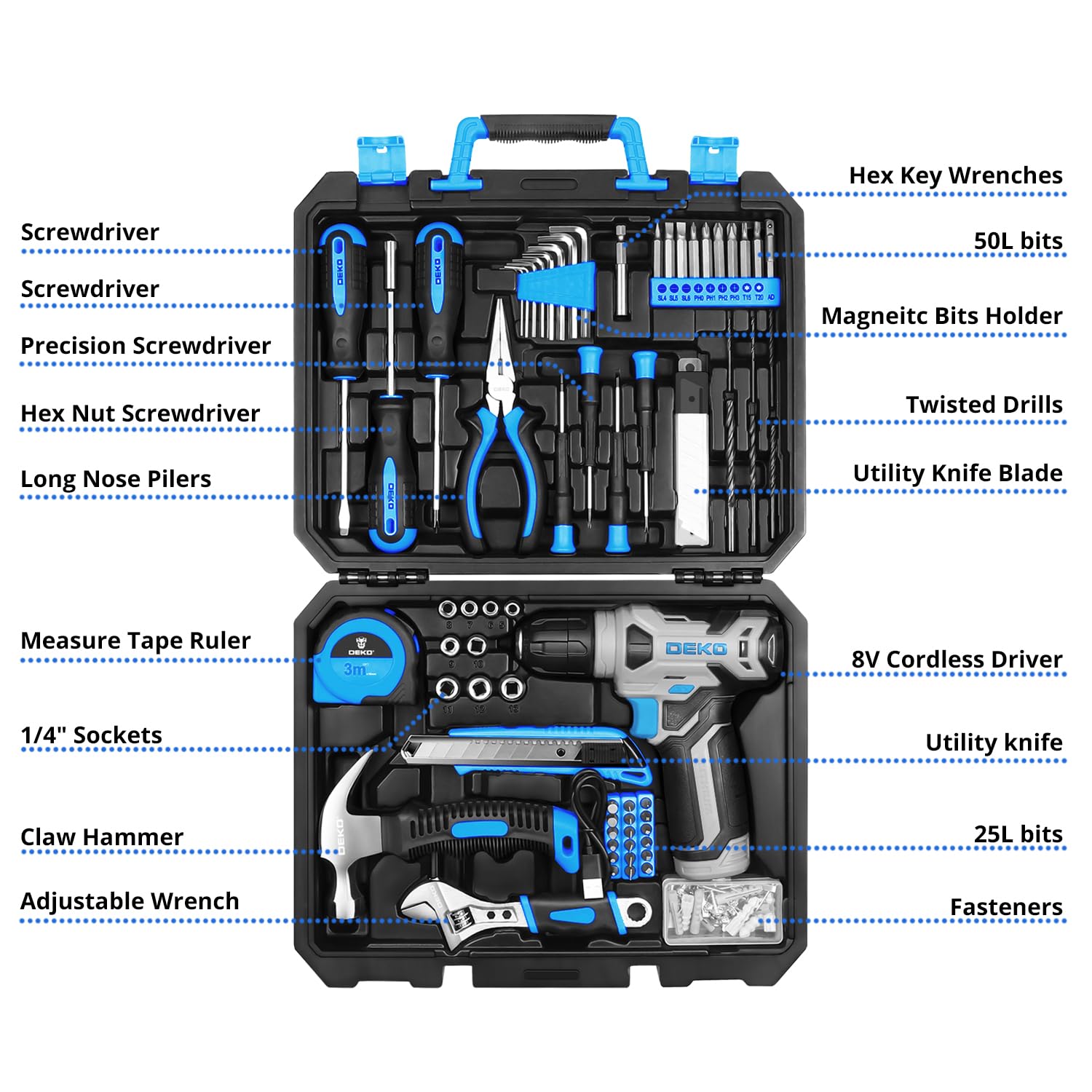 DEKOPRO Drill Set: Tool Set with 8V Blue Cordless Drill, Home Tool Kit with Drill, Hand Tool Kits for Women 126 Piece