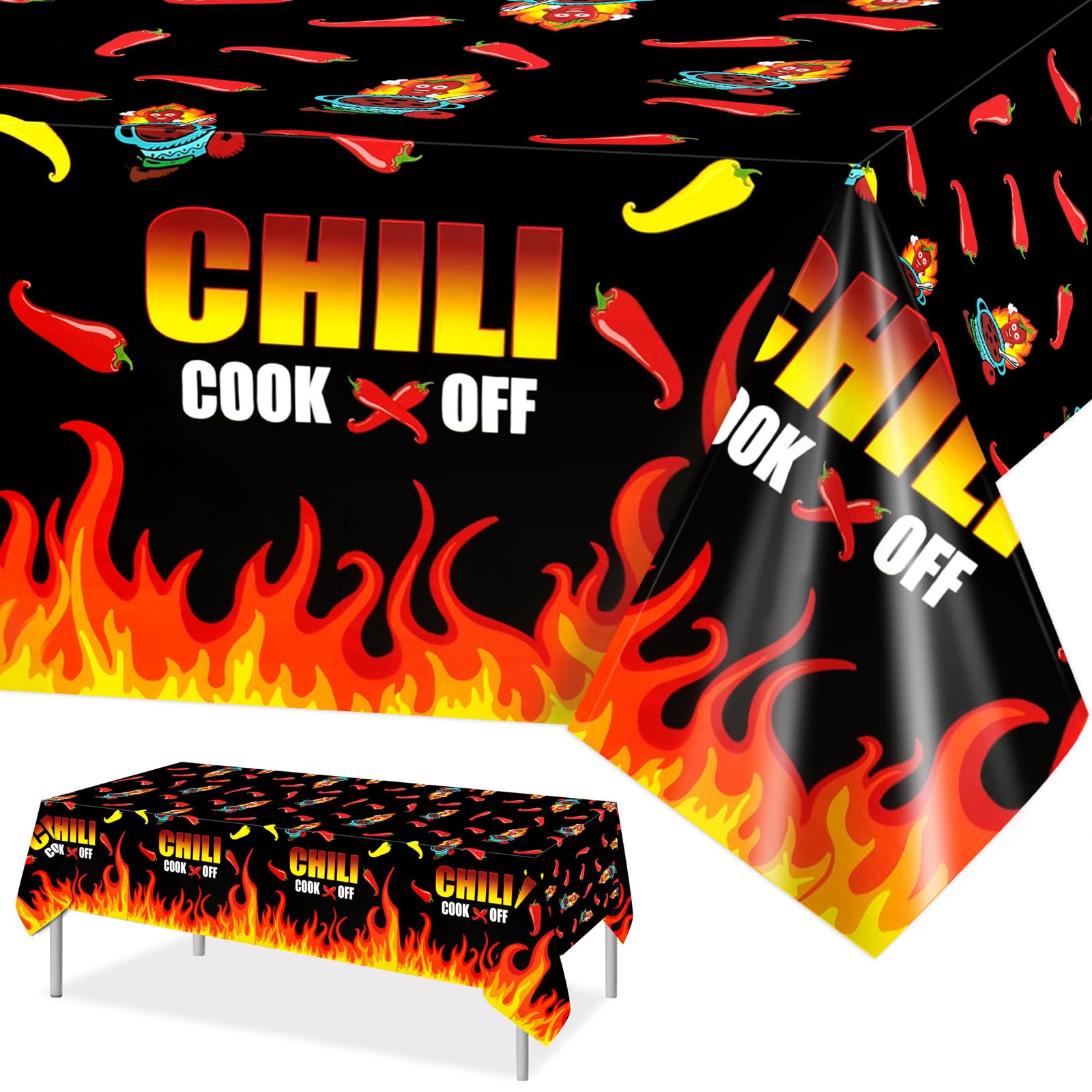 PHOGARY Chili Cook Off Tablecloth for Chili Cookoff Decor, Chili Pepper Tablecloths Disposable, Chili Cookoff Table Cloth Decorations for a Party, BBQ Mexican Chili Cooking Supplies - 51" x 87"(3)