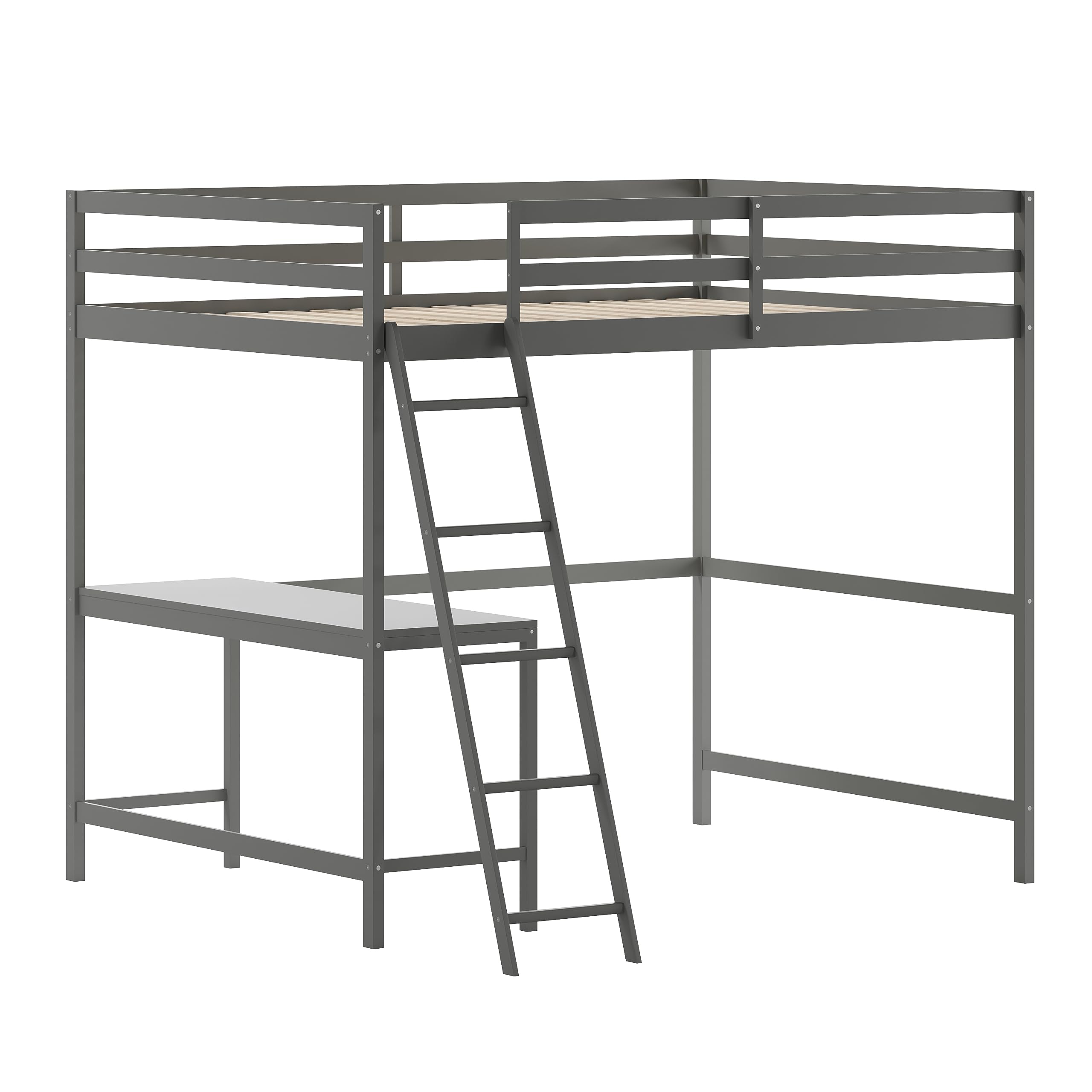 BizChair Loft Bed Frame with Desk - Light Gray Wood Slats - Full Size - Protective Guard Rails & Ladder - Kids and Teens - Space Saving Design