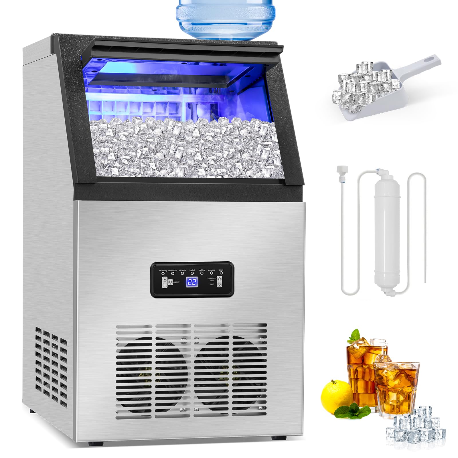 Commercial Ice Maker Machine 130Lbs/24H with 2 Water Inlet Modes, 36Pcs Ice Cubes in 8-15 Mins, Stainless Steel Under Counter/Freestanding Ice Machine with 28Lbs Storage Bin for Home/Shop/Office/Bar