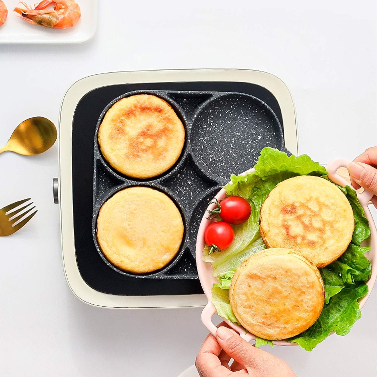 Fry Pan For Egg, Non Stick Ham Pancake Maker, Egg Burger Pan With Wooden Handle, 4 Holes, For Induction Cooker Gas Stove