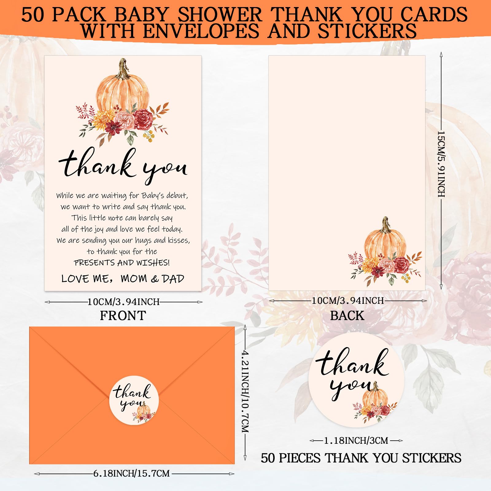 Cholemy 50 Set Fall Baby Shower Thank You Cards Bulk Autumn Leaves Pumpkin Thank You Note Cards with Envelopes Stickers Thanksgiving Blank Greeting Cards for Wedding Baby Shower