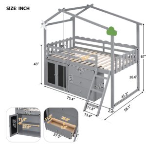 CITYLIGHT Twin Size House Loft Bed with Storage Cabinet and 3 Drawers, Wood Loft Bed Twin with Roof, Blackboards and Guardrail, Kids Playhouse Bed Twin for Teens, Boys, Girls, Grey