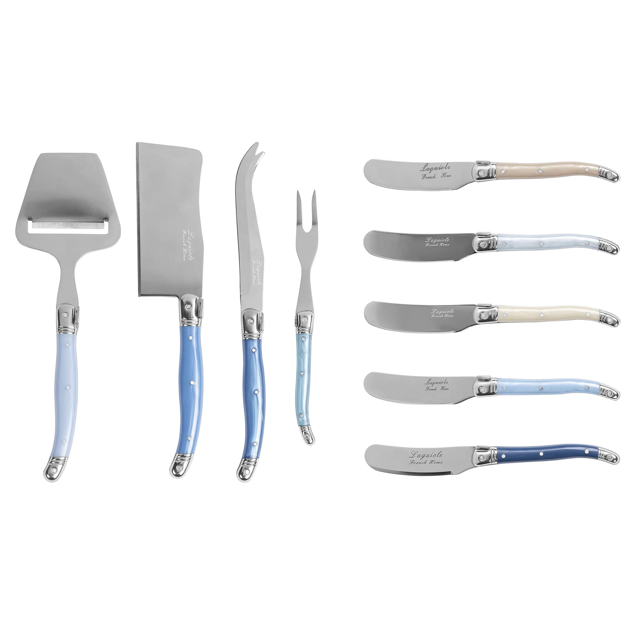 French Home Laguiole 9-Piece Charcuterie Utensil Set – Three-Rivet Shades of Blue Handles with Iconic Bee Emblem, Includes Fork-Tipped Spear, Fork Set, Butter Spreader & More