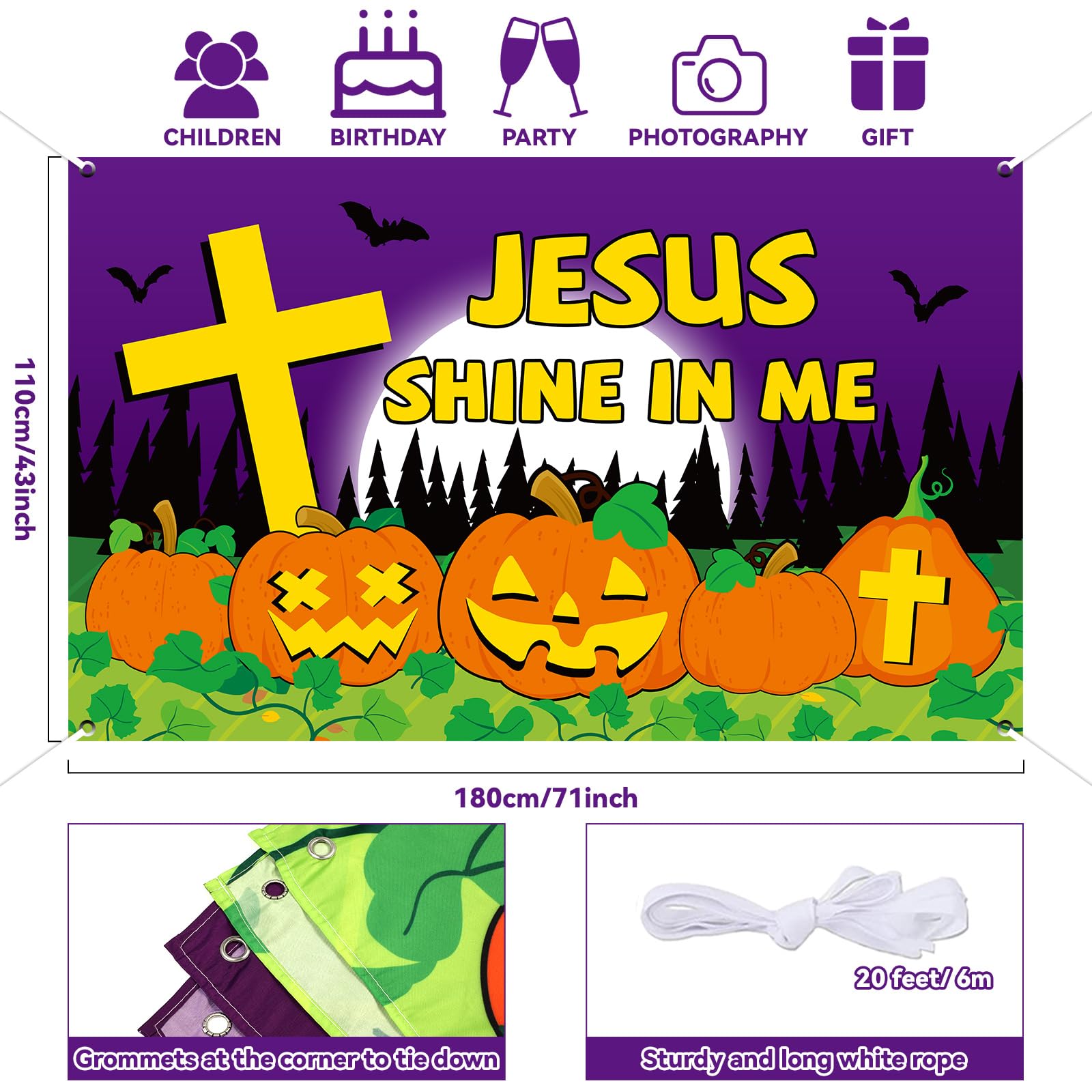 Halloween Christian Pumpkin Backdrop Banner Let Jesus Light Your Way Party Decor Halloween Jesus Pumpkin Background Wall Decor Halloween Religious Supplies for Kids Sunday School Decor 71 x 43 inch