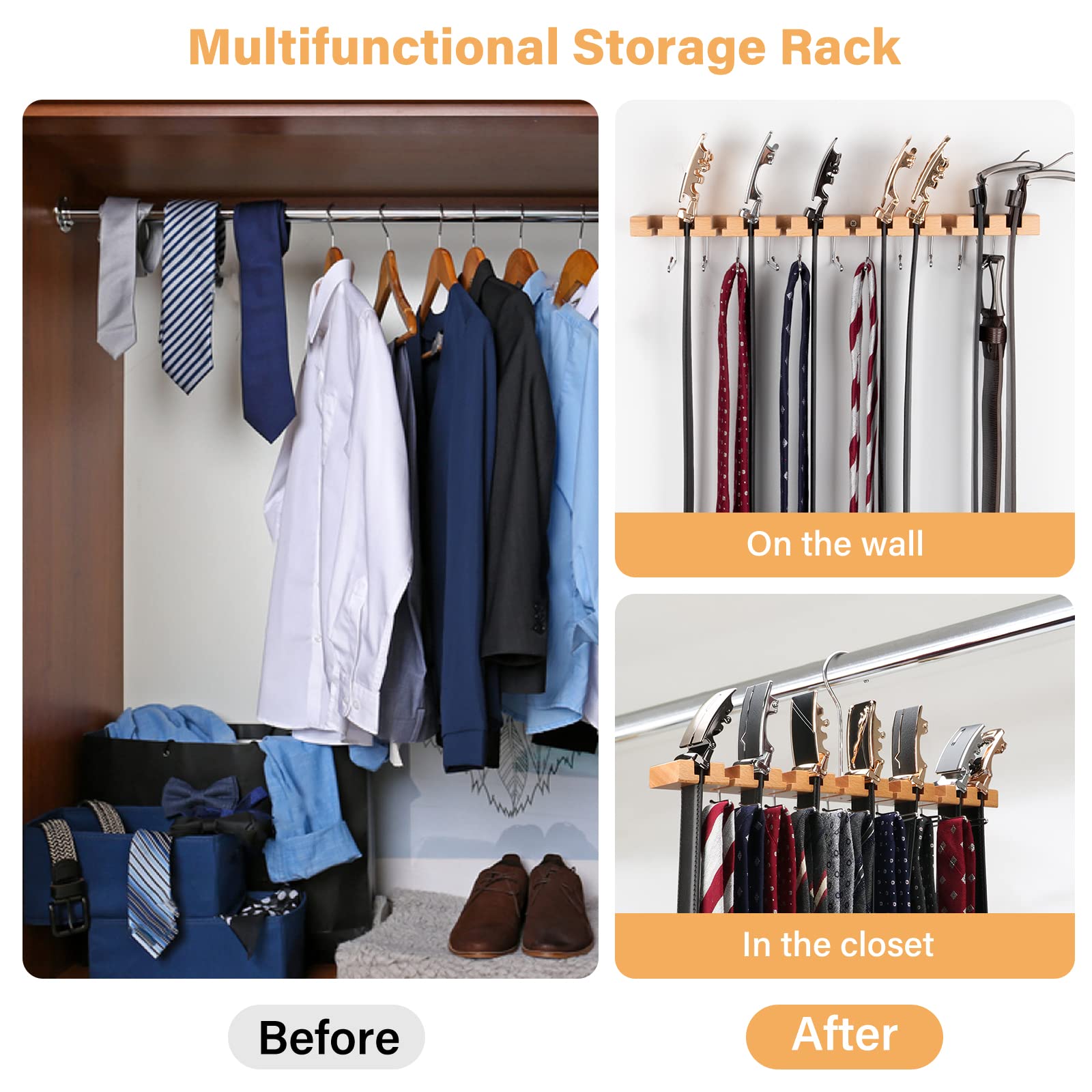 Wooden Tie Rack Tie Hanger 23 Storage, Belt Hanger for Closet 2 in 1 Wooden Wall Mount 12 Belts Rack + 11 Ties Organizer, Belt Rack w/ 360° Swivel Hook, Tie and Belt Organizer Display Presentfor Men