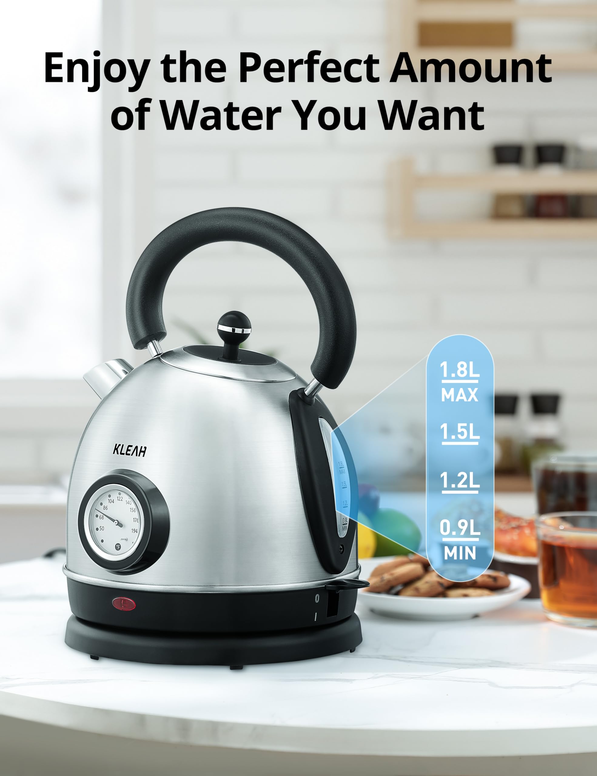 Retro Electric Water Kettle 1.8L Stainless Steel for Boiling Water with Temperature Gauge, Visible Water Level Line, Led Light, Auto Shut-Off & Boil-Dry Protection, 1500W Fast Heating