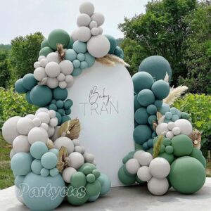 dusty blue and green balloon garland - double stuffed sage green teal white matte balloons olive slate blue boho balloon arch kit for baby shower neutral birthday bridal party decoration