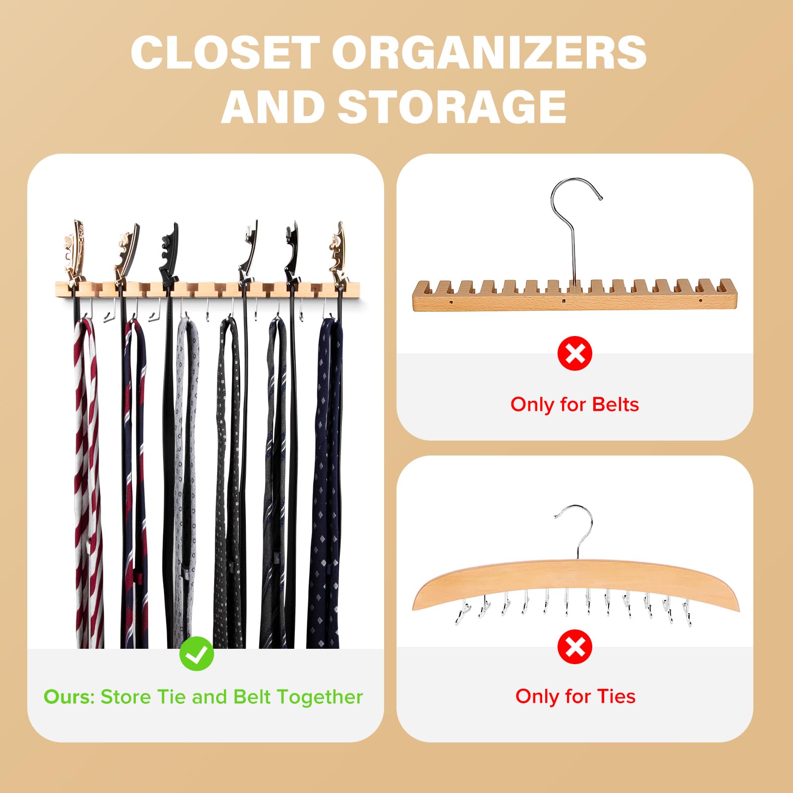 Wooden Tie Rack Tie Hanger 23 Storage, Belt Hanger for Closet 2 in 1 Wooden Wall Mount 12 Belts Rack + 11 Ties Organizer, Belt Rack w/ 360° Swivel Hook, Tie and Belt Organizer Display Presentfor Men