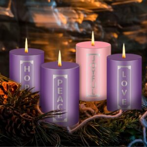 MTLEE Set of 4 Christmas Advent Candles with Words Pillar Candles Advent Wreath Candles for Adult Home Wedding Advent Rings Wreaths Church Receptions Celebrations, Purple Pink (2 x 3'')