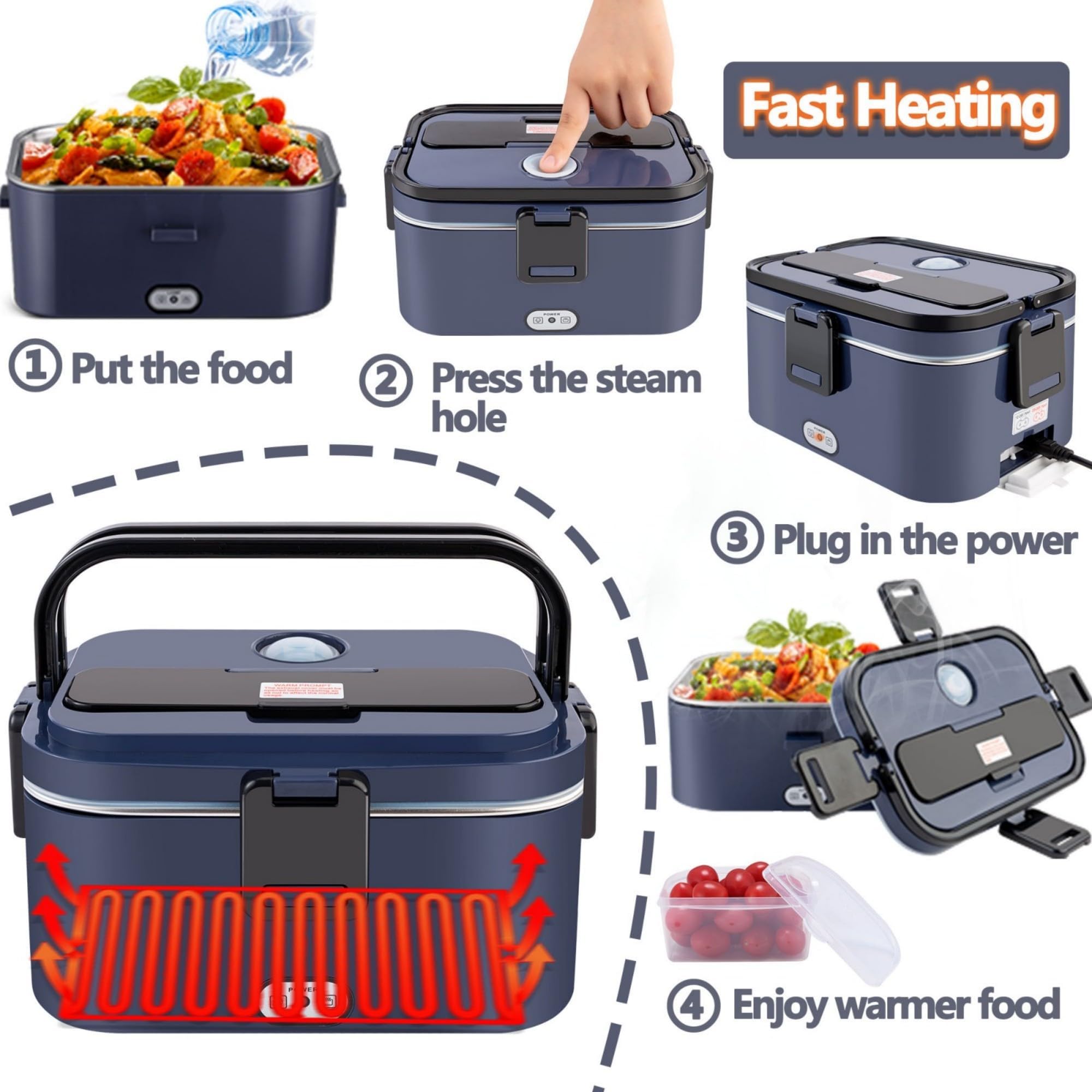 Nifogo Electric Lunch Box for Adults 80W 1.8L, Faster Heated Lunch Boxes for Men, Electric Lunch Box Food Heater Portable 12/24/110V Heating Lunch Box for Work/Car/Truck with Bag