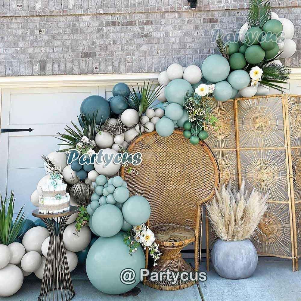 Dusty Blue and Green Balloon Garland - Double Stuffed Sage Green Teal White Matte Balloons Olive Slate Blue Boho Balloon Arch Kit for Baby Shower Neutral Birthday Bridal Party Decoration