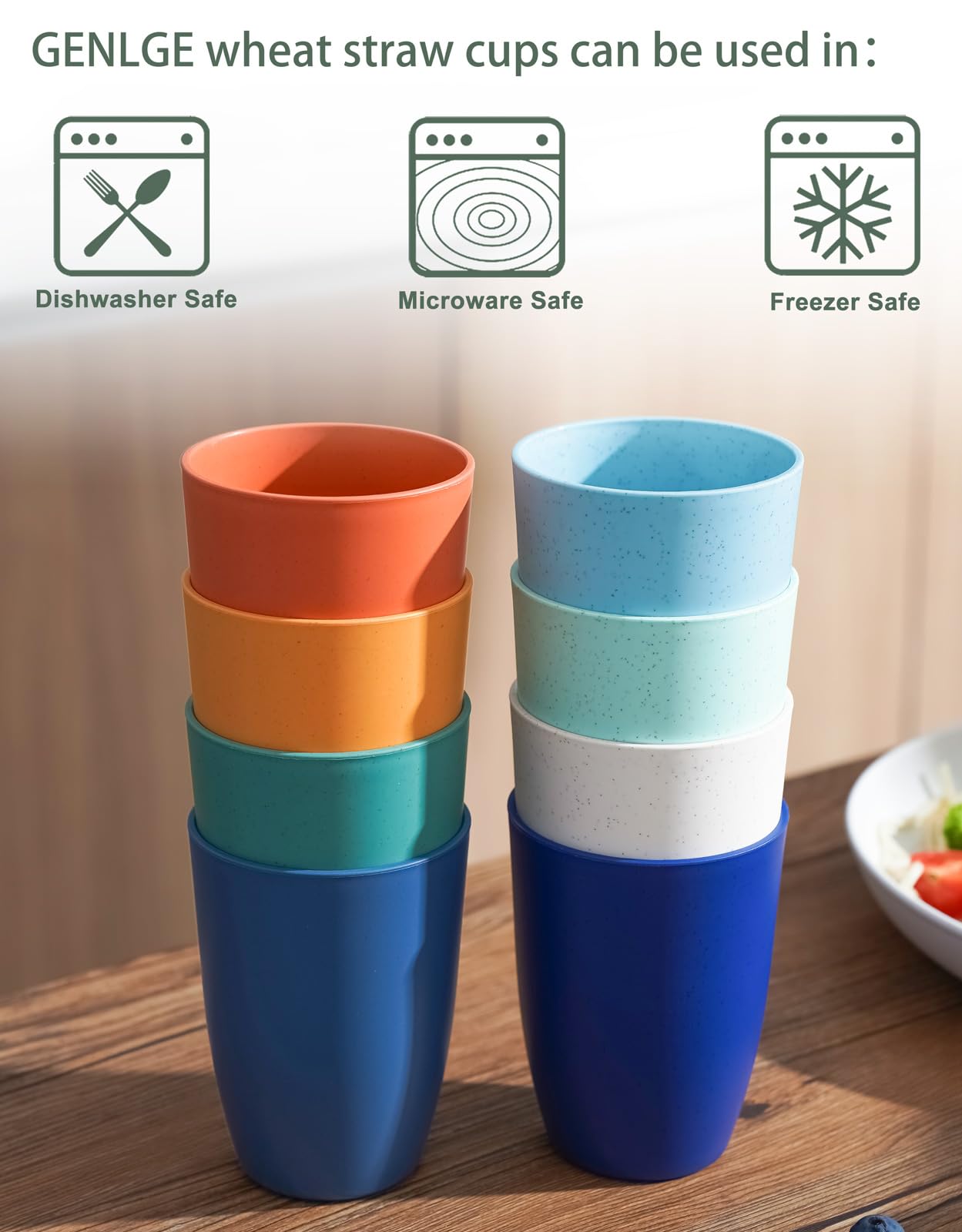 GENLGE Plastic Drinking Cups Reusable 12 OZ, Wheat Straw Cups Unbreakable Cups for Kitchen - BPA Free Cups Dishwasher Safe Plastic Tumbler Cups Set of 8