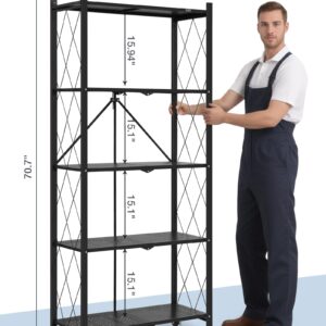 ALANNG 70.7" H Metal Storage Shelves, 5 Tier Folding Storage Shelves on Wheels, Heavy Duty Collapsible Shelving Unit, No Assembly Storage Rack for Kitchen, Basement, Pantry (Black,1 Pack)