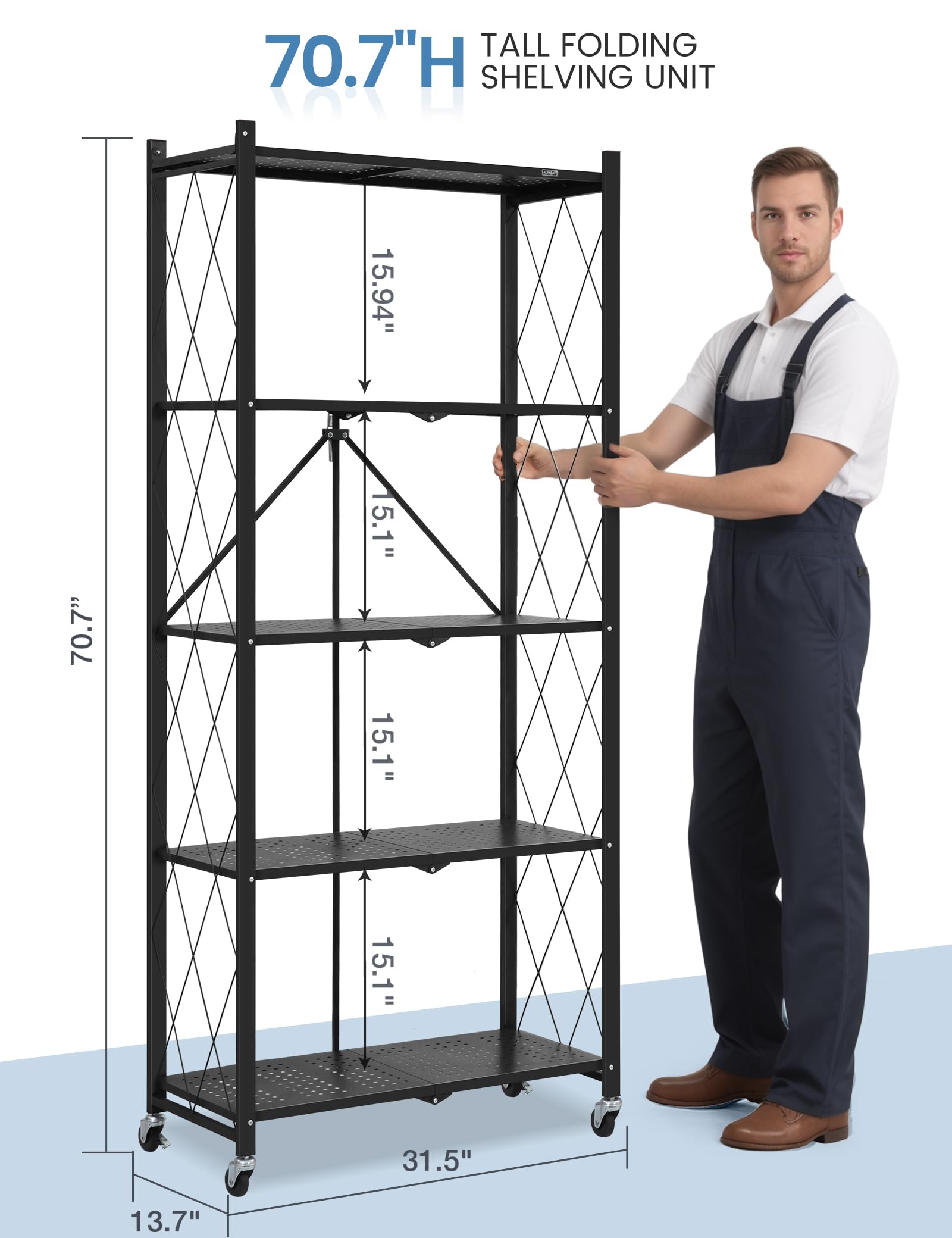 ALANNG 70.7" H Metal Storage Shelves, 5 Tier Folding Storage Shelves on Wheels, Heavy Duty Collapsible Shelving Unit, No Assembly Storage Rack for Kitchen, Basement, Pantry (Black,1 Pack)