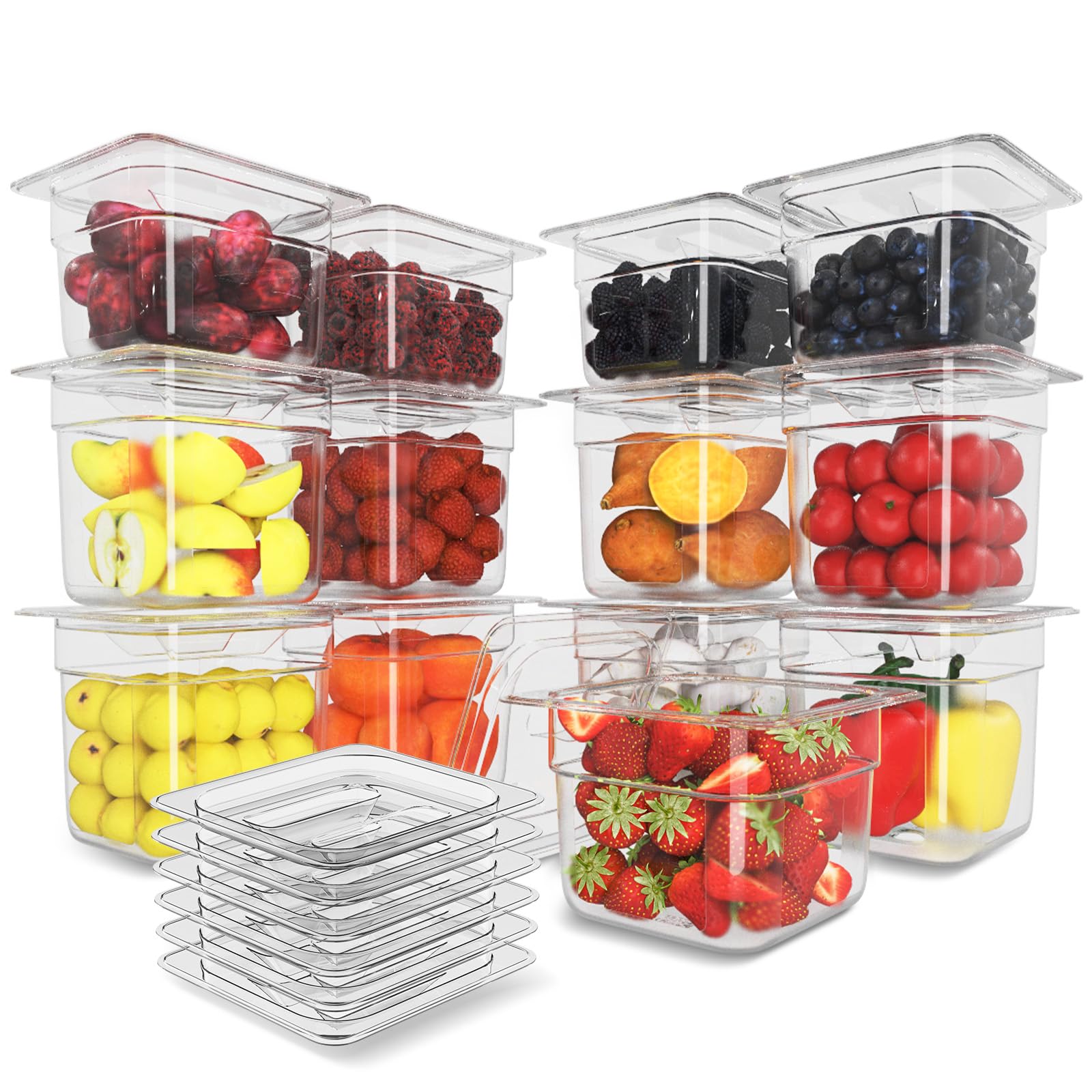 HNEDSEN 12 Pack Plastic Food Pan with Lid 1/6 Size 6 Inch Deep Restaurant Clear Food Storage Containers Polycarbonate Commercial Hotel Pans for Fruits Vegetables Beans Corns (12 PCS, 6'' Deep)